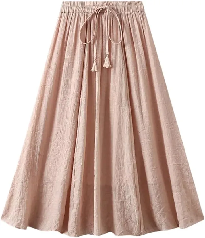 Women's Vintage 2 Layered Solid Long Skirt Elastic High Waist Cotton Linen Swing A-Line Skirts