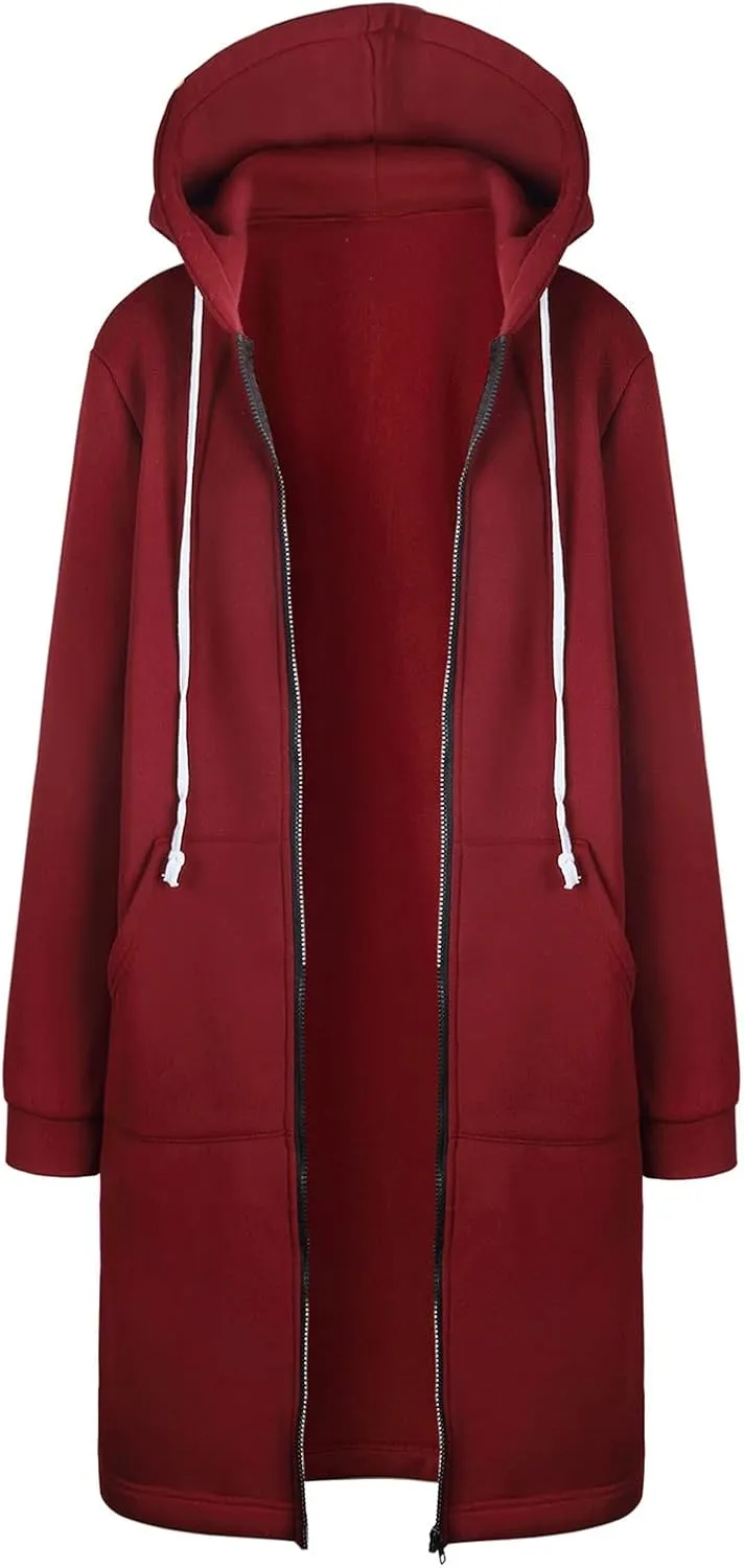 Womens Zip Up Long Hoodies Casual Drawstring Fleece Hooded Jacket Fall Winter Oversized Hoodie Coat Casual Sweatshirt