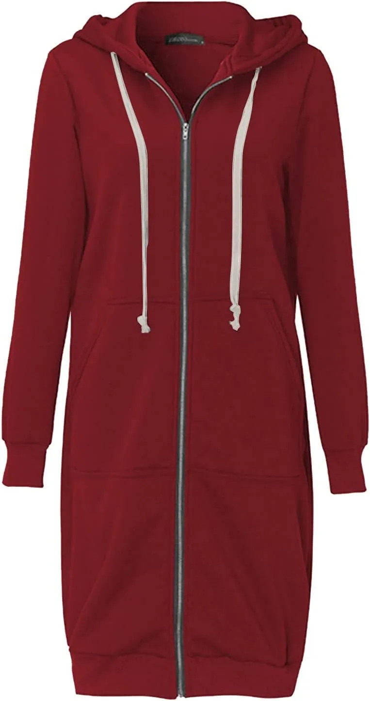 Womens Zip Up Long Hoodies Casual Drawstring Fleece Hooded Jacket Fall Winter Oversized Hoodie Coat Casual Sweatshirt
