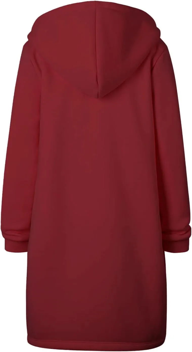 Womens Zip Up Long Hoodies Casual Drawstring Fleece Hooded Jacket Fall Winter Oversized Hoodie Coat Casual Sweatshirt