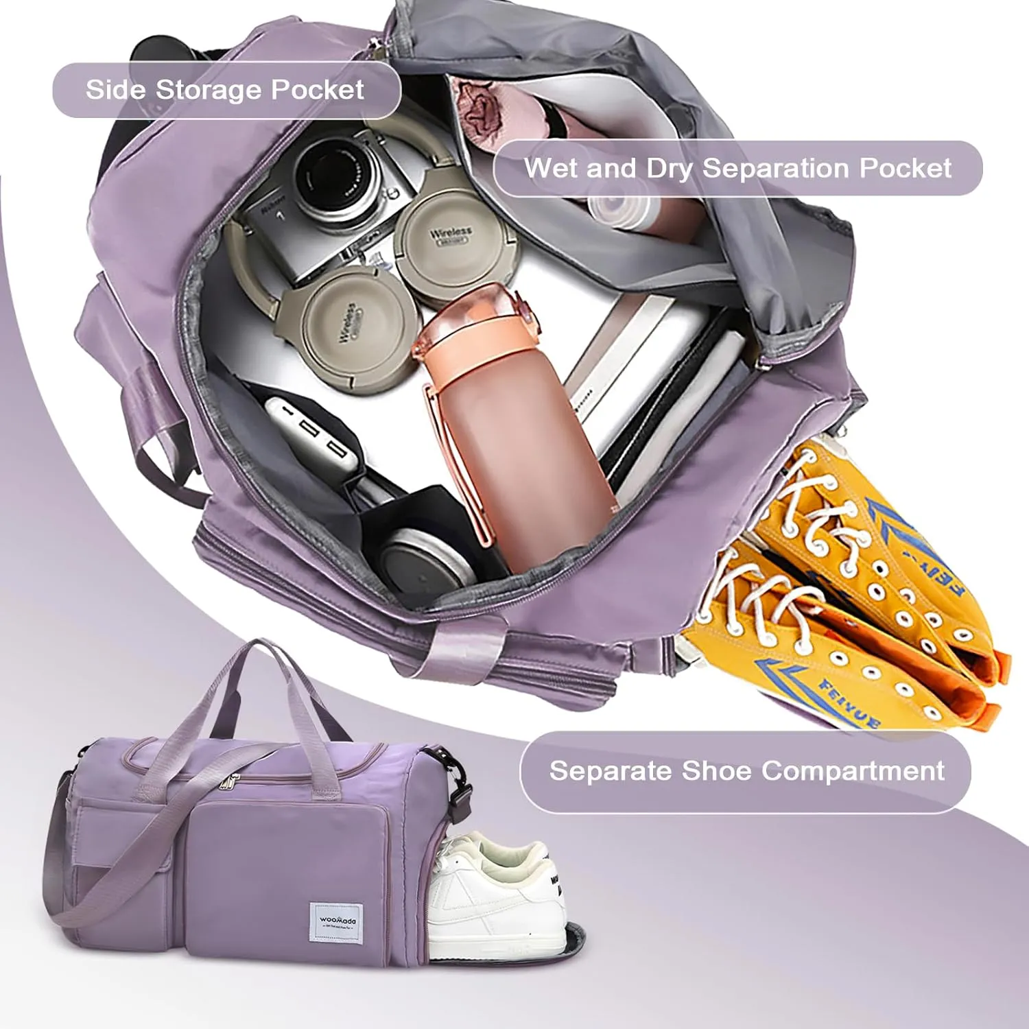 WOOMADA Foldable Travel Duffel Bag with Shoes Compartment, Overnight Bag with Wet Pocket, Weekender Carry On with cosmetic bag for Womenpink leopard