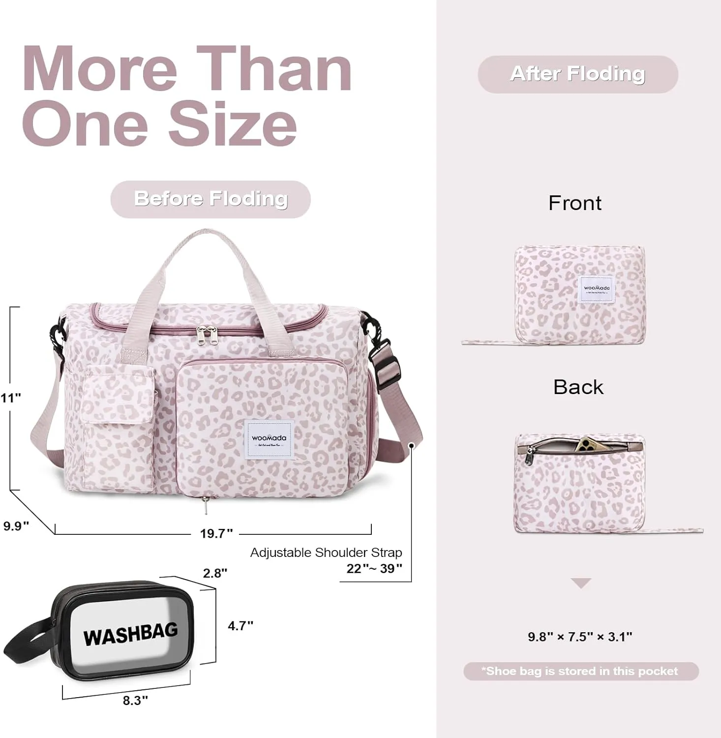 WOOMADA Foldable Travel Duffel Bag with Shoes Compartment, Overnight Bag with Wet Pocket, Weekender Carry On with cosmetic bag for Womenpink leopard
