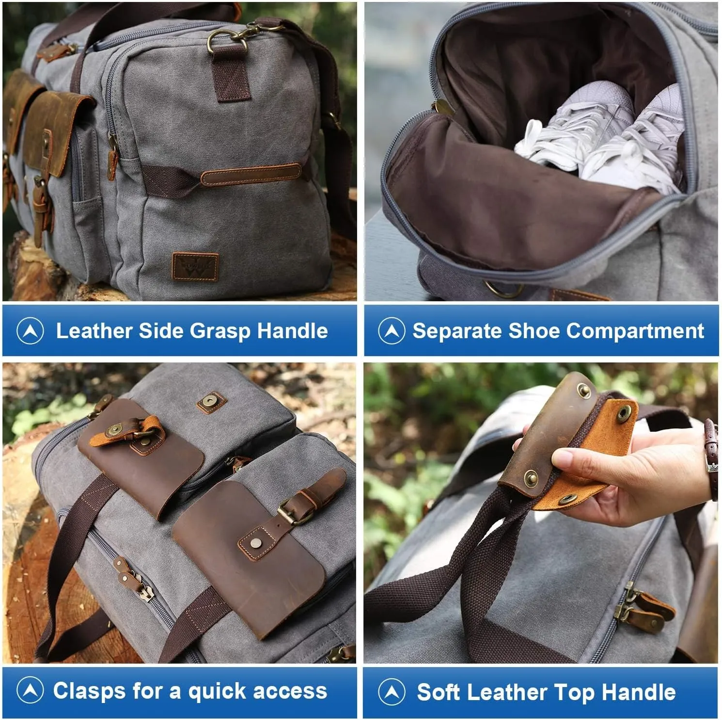 WOWBOX Duffle Bag Weekender Duffel Bag for Men and Women Genuine Leather Canvas Travel Overnight Carry on Bag with Shoes Compartment Grey