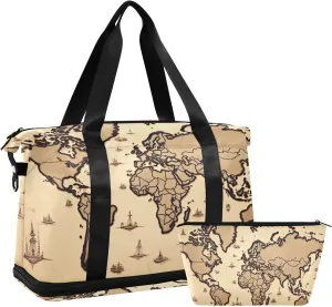 xigua Gym Bag Brown Map Travel Duffel Bag - Sports Gym Bag with Dry Wet Pocket Cosmetic bag & Shoes Compartment for Women and Men