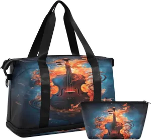 xigua Gym Bag Flaming Violin Travel Duffel Bag - Sports Gym Bag with Dry Wet Pocket Cosmetic bag & Shoes Compartment for Women and Men