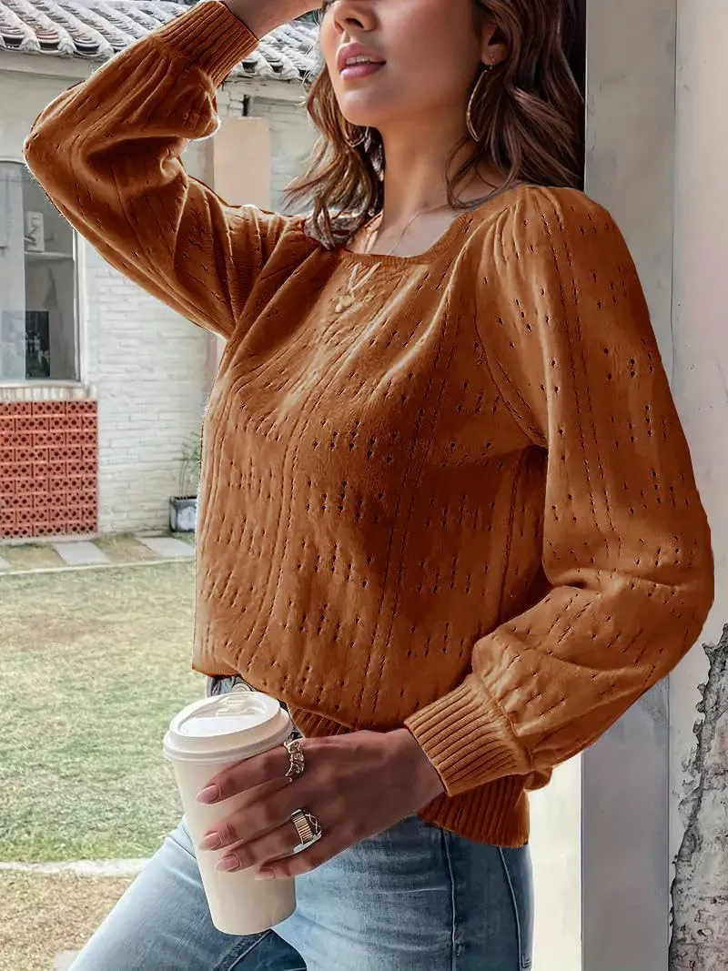 XINWEZZ Womens Sweaters Fall 2024 Casual Puff Long Sleeve Square Neck Cozy Knitted Pullover Sweater Tops Trendy Outfits