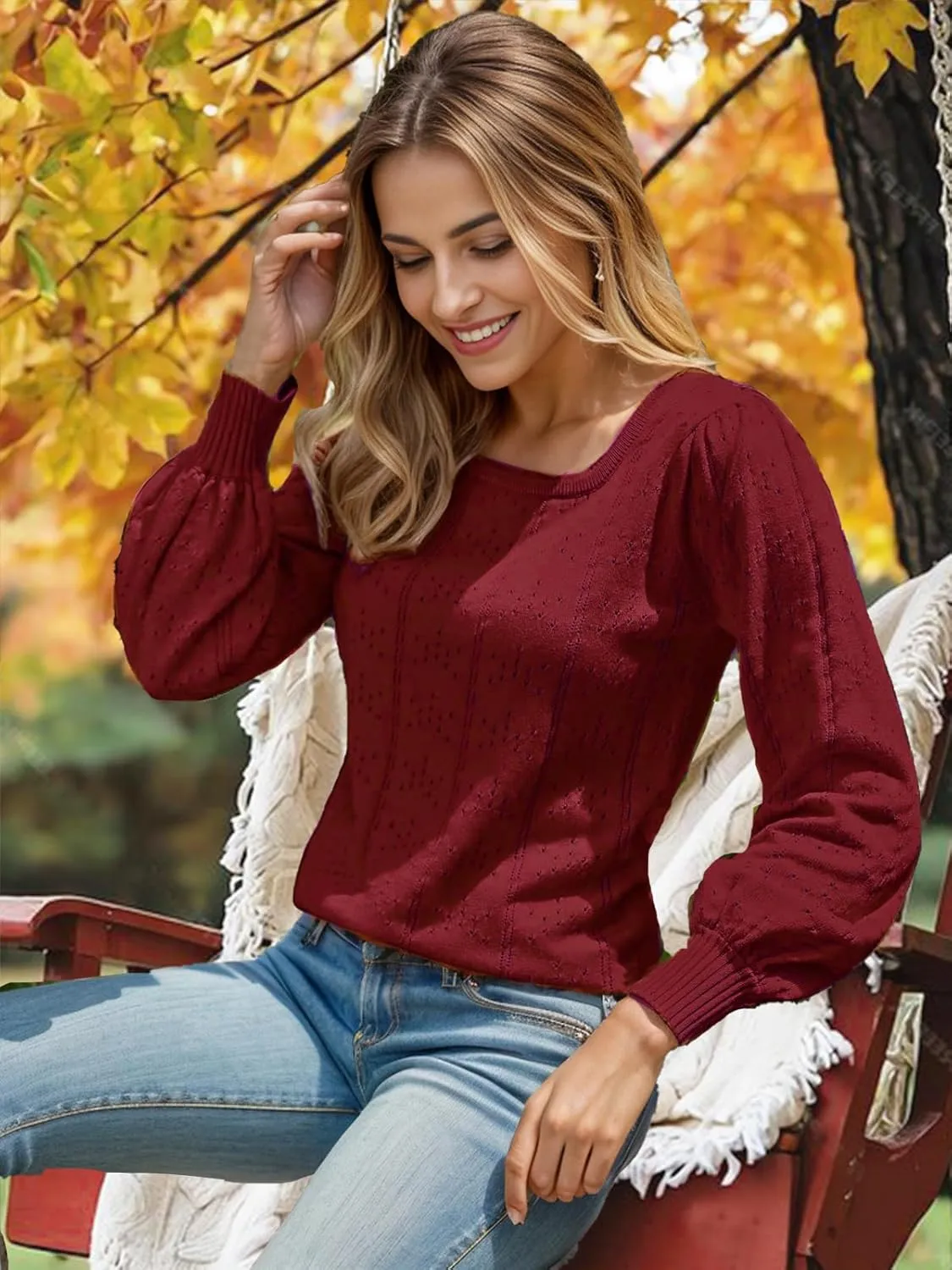 XINWEZZ Womens Sweaters Fall 2024 Casual Puff Long Sleeve Square Neck Cozy Knitted Pullover Sweater Tops Trendy Outfits