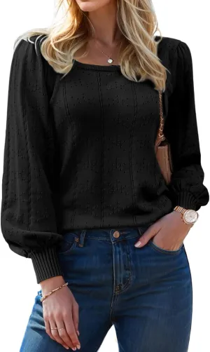 XINWEZZ Womens Sweaters Fall 2024 Casual Puff Long Sleeve Square Neck Cozy Knitted Pullover Sweater Tops Trendy Outfits
