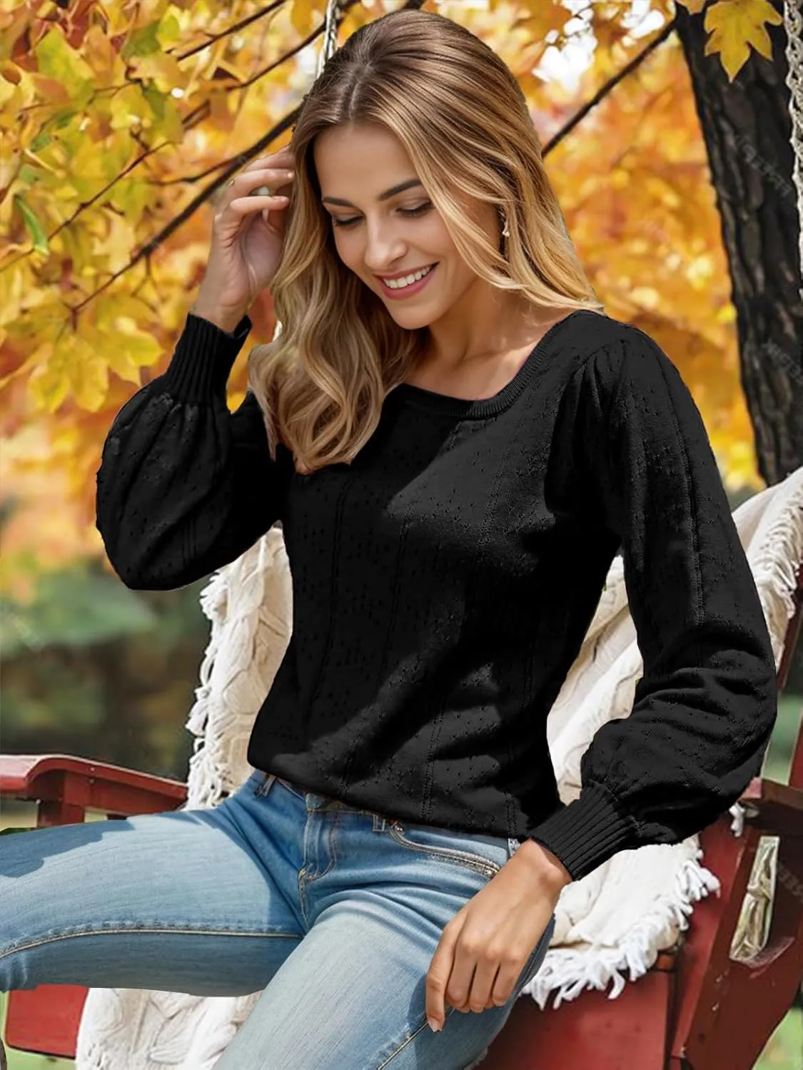 XINWEZZ Womens Sweaters Fall 2024 Casual Puff Long Sleeve Square Neck Cozy Knitted Pullover Sweater Tops Trendy Outfits