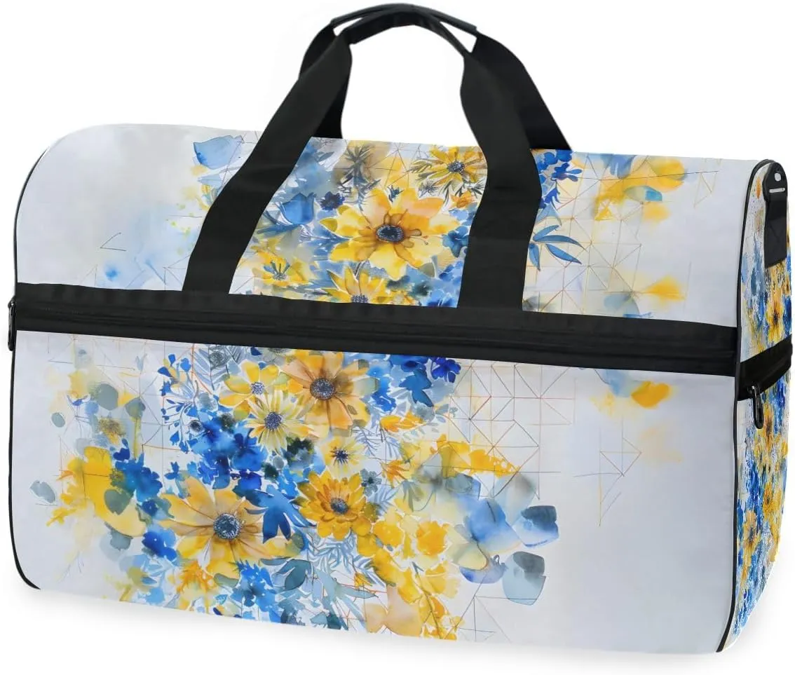 Yellow Blue Flower Travel Duffel Bag Luggage Sports Gym Bags With Shoes Compartment Large Capacity Lightweight Duffle Bag For Men Women