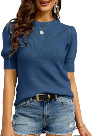 Zbyclub Womens Puff Short Sleeve Sweaters Pullover Shirt Tops Crew Neck Lightweight Knit Sweater Blouses